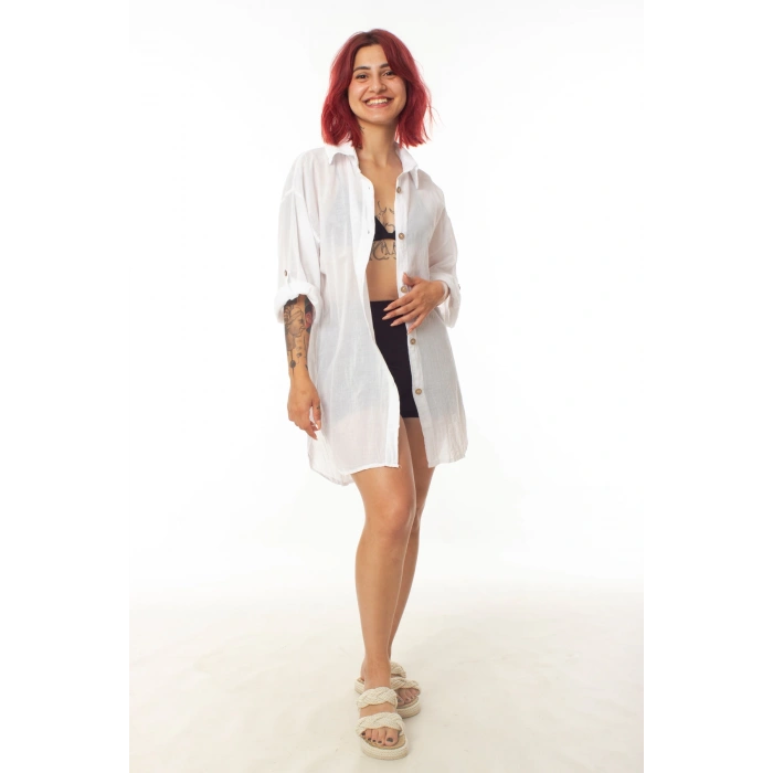 geleneksel tahta baski keten dokuma beyaz renkli yasam cicegi baski uzun kollu plaj elbisesi gomlek