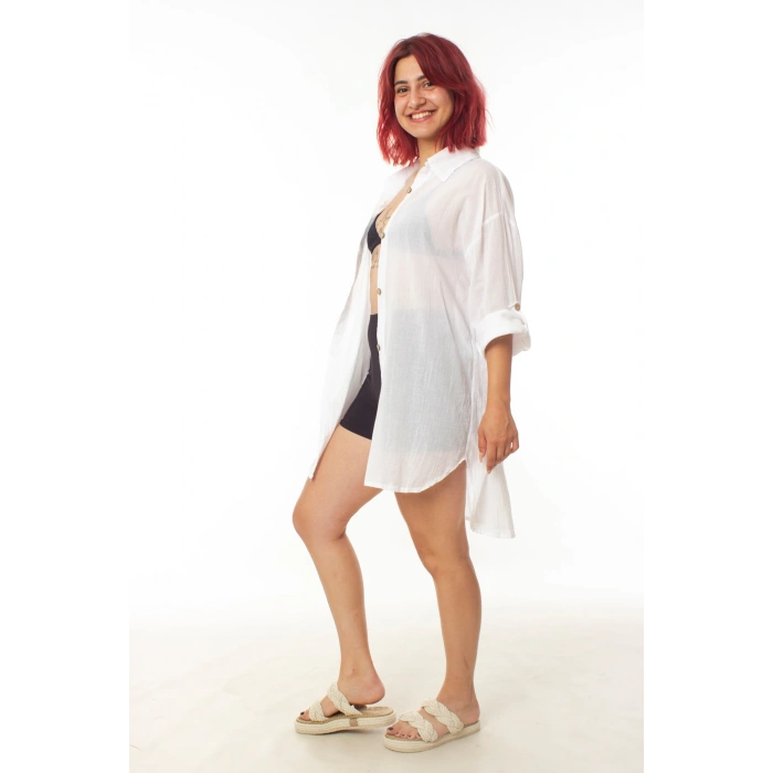 geleneksel tahta baski keten dokuma beyaz renkli yasam cicegi baski uzun kollu plaj elbisesi gomlek