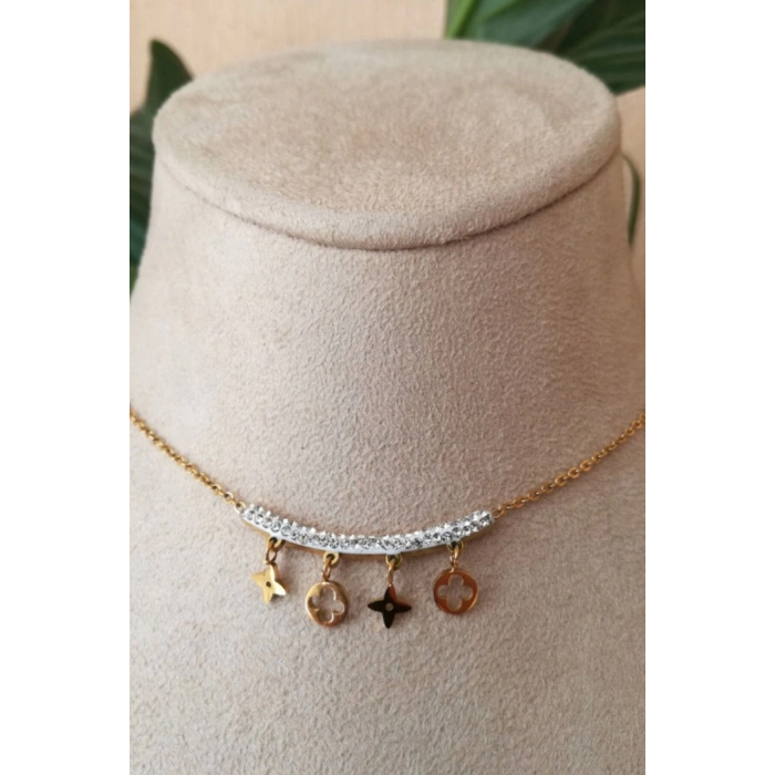 gerdanlik tasarim ince gold zincirli altin renkli zirkon tasli kaliteli paslanmaz celik kolye stainless stell