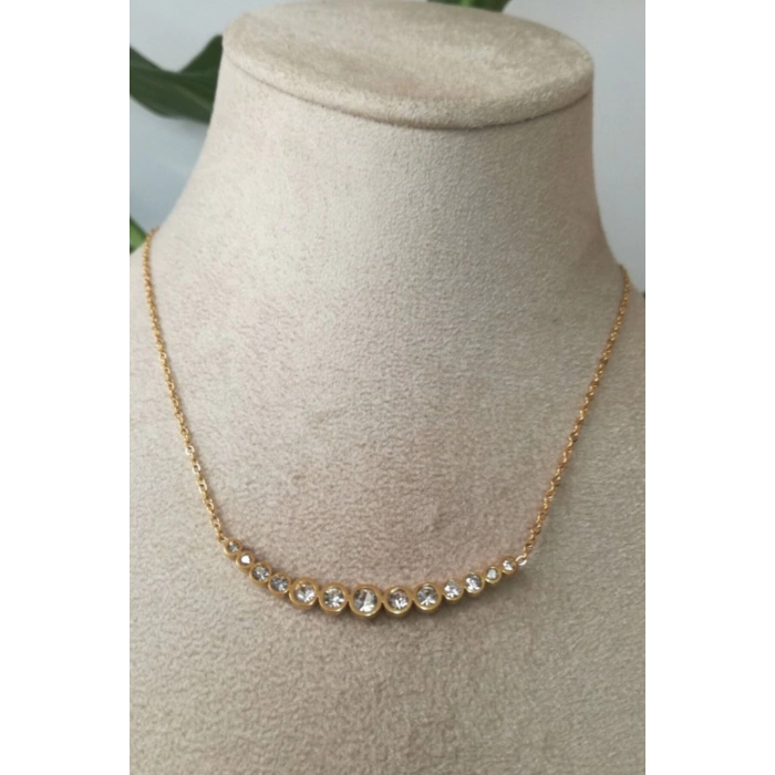 gerdanlik tasarimli ince gold zincirli altin renkli zirkon tasli kaliteli paslanmaz celik kolye stainless stell