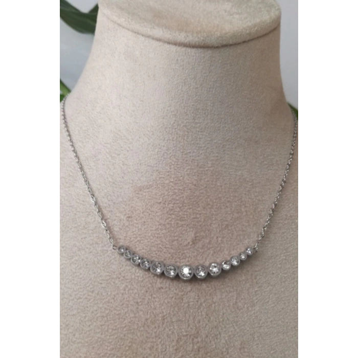 gerdanlik tasarimli ince silver zincirli gumus renkli zirkon tasli kaliteli paslanmaz celik kolye stainless stell