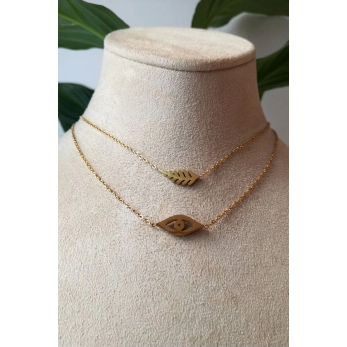 goz nazar boncuklu yaprak tasarim ince gold cift zincirli altin renkli zirkon tasli kaliteli paslanmaz celik kolye stainless stell