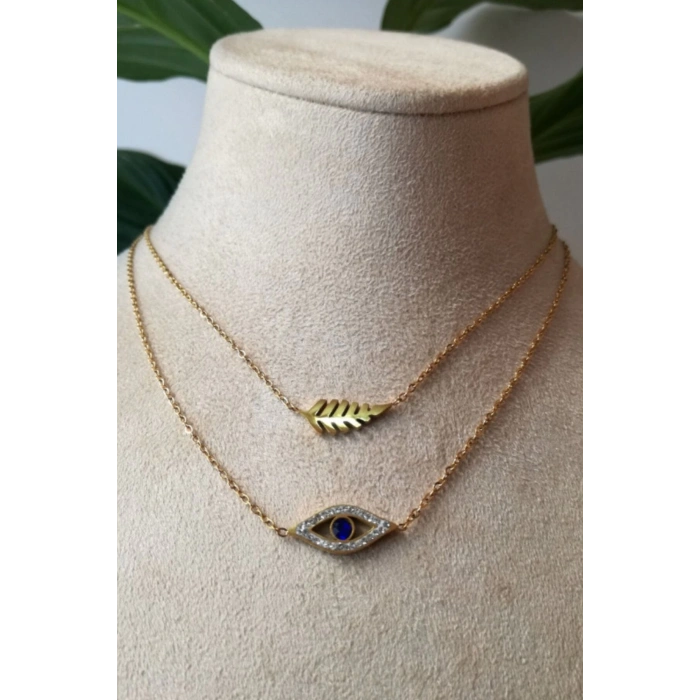 goz nazar boncuklu yaprak tasarim ince gold cift zincirli altin renkli zirkon tasli kaliteli paslanmaz celik kolye stainless stell