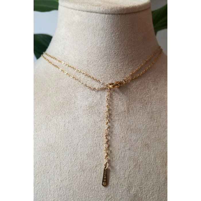 goz nazar boncuklu yaprak tasarim ince gold cift zincirli altin renkli zirkon tasli kaliteli paslanmaz celik kolye stainless stell