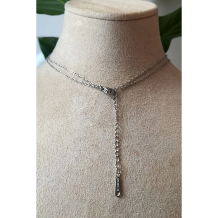 goz nazar boncuklu yaprak tasarim ince silver cift zincirli gumus renkli zirkon tasli kaliteli paslanmaz celik kolye stainless stell