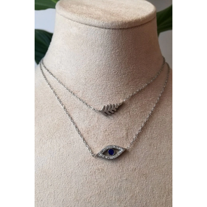 goz nazar boncuklu yaprak tasarim ince silver cift zincirli gumus renkli zirkon tasli kaliteli paslanmaz celik kolye stainless stell