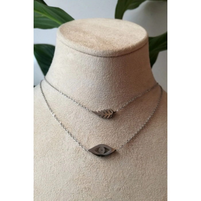 goz nazar boncuklu yaprak tasarim ince silver cift zincirli gumus renkli zirkon tasli kaliteli paslanmaz celik kolye stainless stell