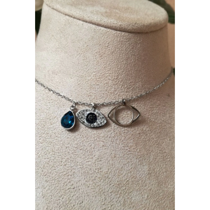 goz tasarim nazar boncuklu safir tasli ince silver zincirli gumus renkli kaliteli paslanmaz celik kolye stainless stell