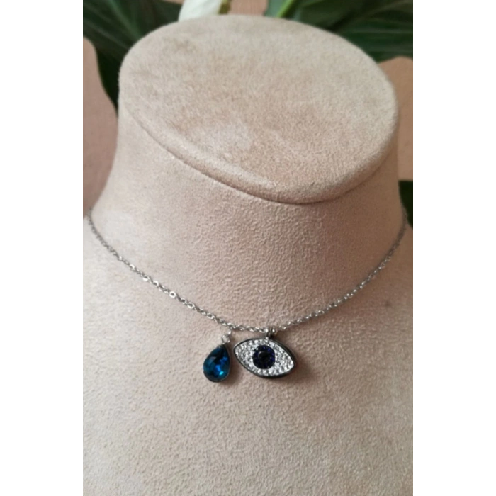 goz tasarim nazar boncuklu safir tasli ince silver zincirli gumus renkli kaliteli paslanmaz celik kolye stainless stell