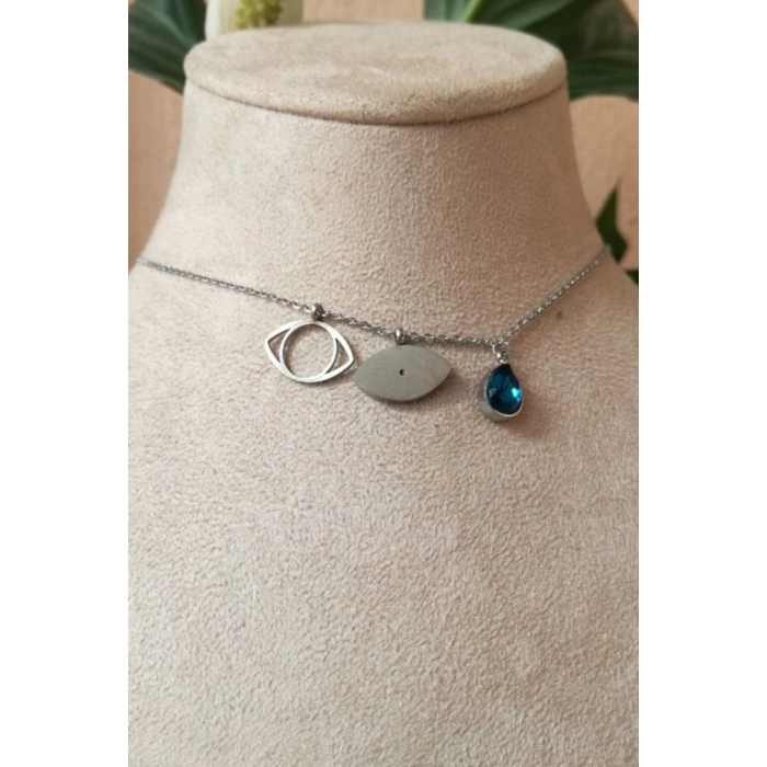 goz tasarim nazar boncuklu safir tasli ince silver zincirli gumus renkli kaliteli paslanmaz celik kolye stainless stell