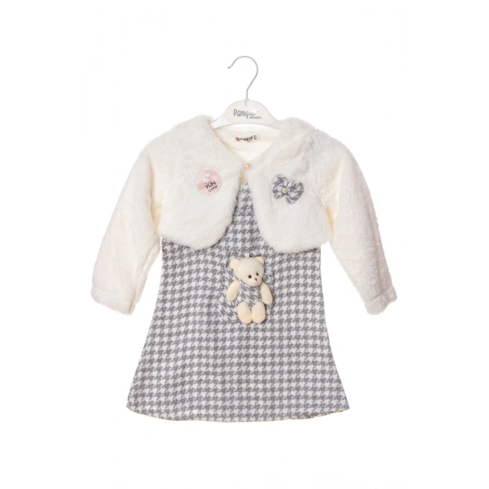 gri beyaz renkli bolerolu yunlu fiyonklu minik ayicik cep detayli kaliteli uzun kollu yunlu elbise