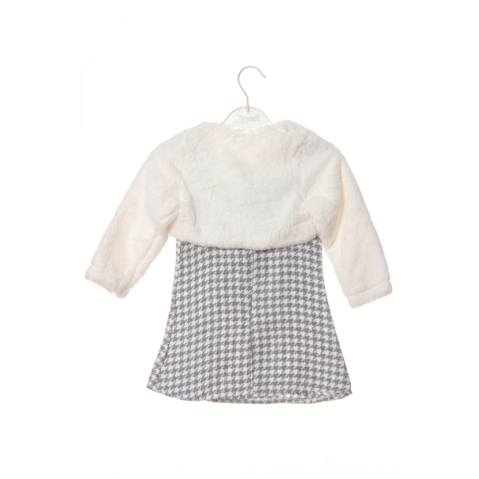 gri beyaz renkli bolerolu yunlu fiyonklu minik ayicik cep detayli kaliteli uzun kollu yunlu elbise