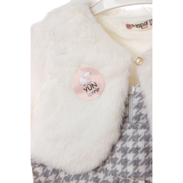 gri beyaz renkli bolerolu yunlu fiyonklu minik ayicik cep detayli kaliteli uzun kollu yunlu elbise