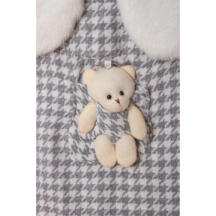 gri beyaz renkli bolerolu yunlu fiyonklu minik ayicik cep detayli kaliteli uzun kollu yunlu elbise