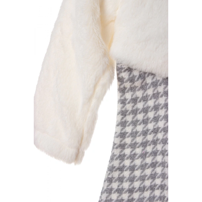 gri beyaz renkli bolerolu yunlu fiyonklu minik ayicik cep detayli kaliteli uzun kollu yunlu elbise