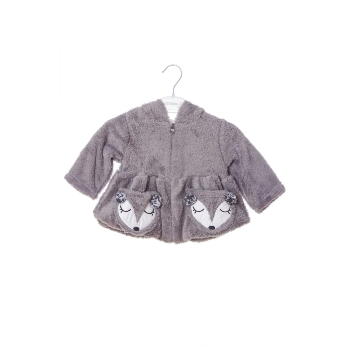 gri renkli cocuk wellsoft kaliteli kuzu nakisli uzun kollu kapusonlu fermuarli mont