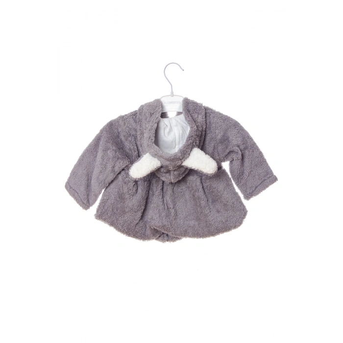 gri renkli cocuk wellsoft kaliteli kuzu nakisli uzun kollu kapusonlu fermuarli mont