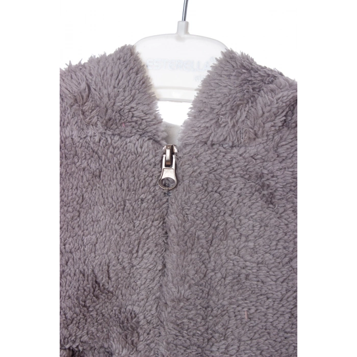 gri renkli cocuk wellsoft kaliteli kuzu nakisli uzun kollu kapusonlu fermuarli mont