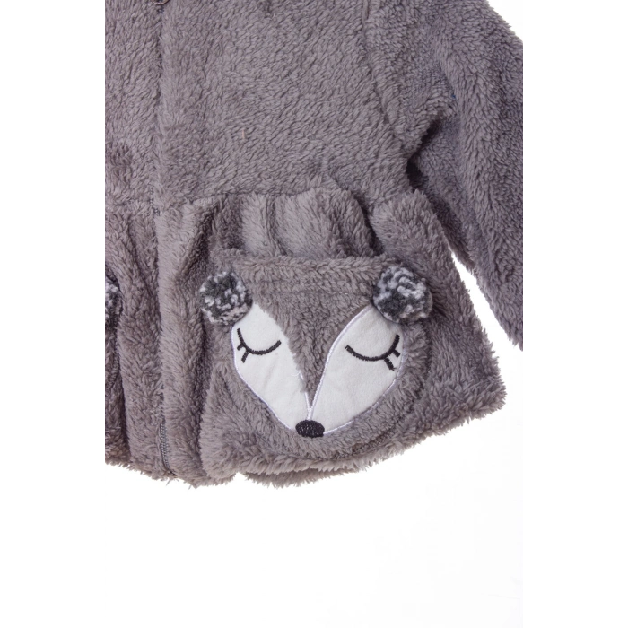 gri renkli cocuk wellsoft kaliteli kuzu nakisli uzun kollu kapusonlu fermuarli mont