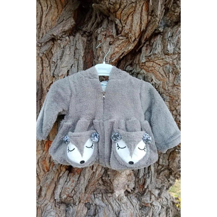 gri renkli cocuk wellsoft kaliteli kuzu nakisli uzun kollu kapusonlu fermuarli mont