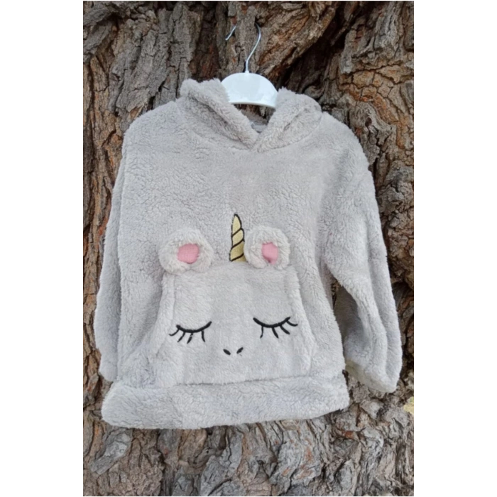 gri renkli unicorn nakisli cepli kaliteli organik uzun kollu kapusonlu sweatshirt kiyafet