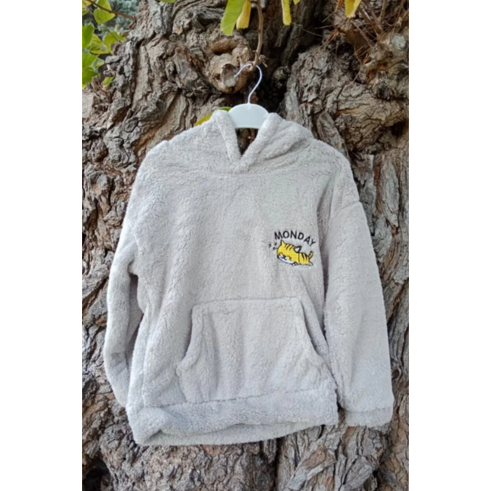 gri renkli uyuyan kedi detayli cepli kapusonlu monday nakisli kaliteli uzun kollu sweatshirt
