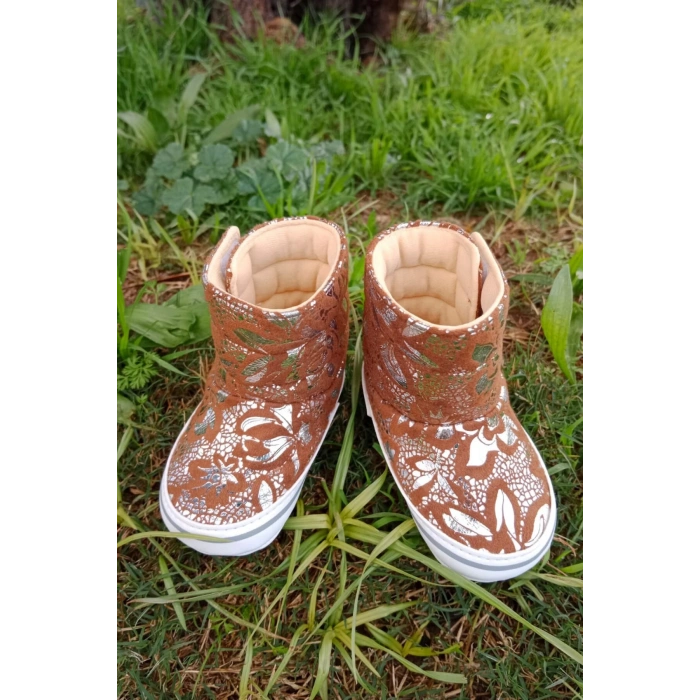 hardal renkli ici pamuklu cirtli bantli kapamali organik unisex cocuk bebek ilkadim patik panduf