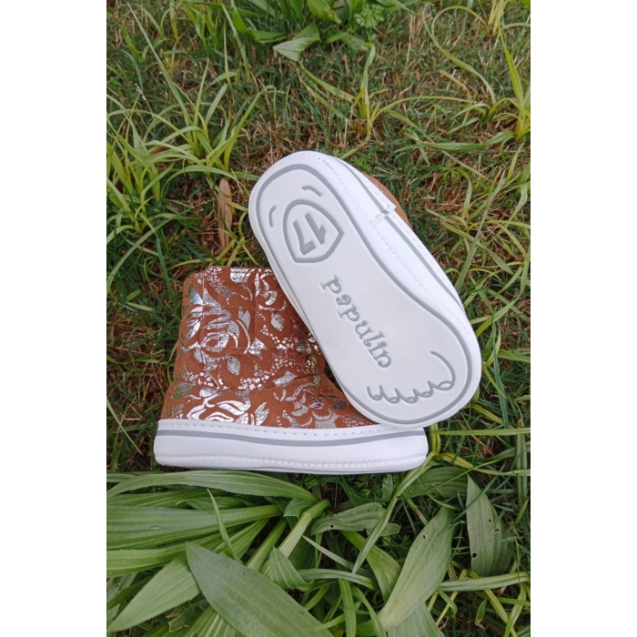 hardal renkli ici pamuklu cirtli bantli kapamali organik unisex cocuk bebek ilkadim patik panduf