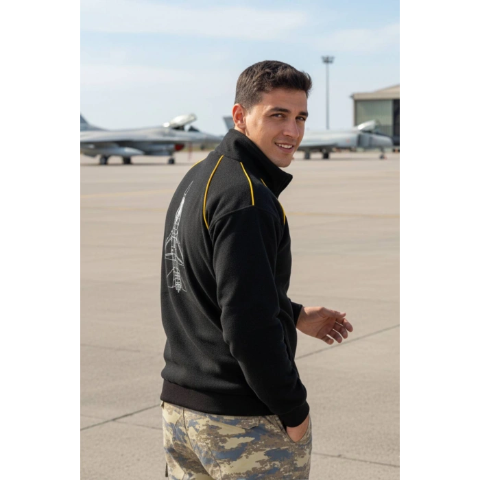 hava kuvvetleri f 16 fighting falcon uzun kollu siyah renkli ozel tasarim tam fermuarli bato yaka soguk gecirmez polar