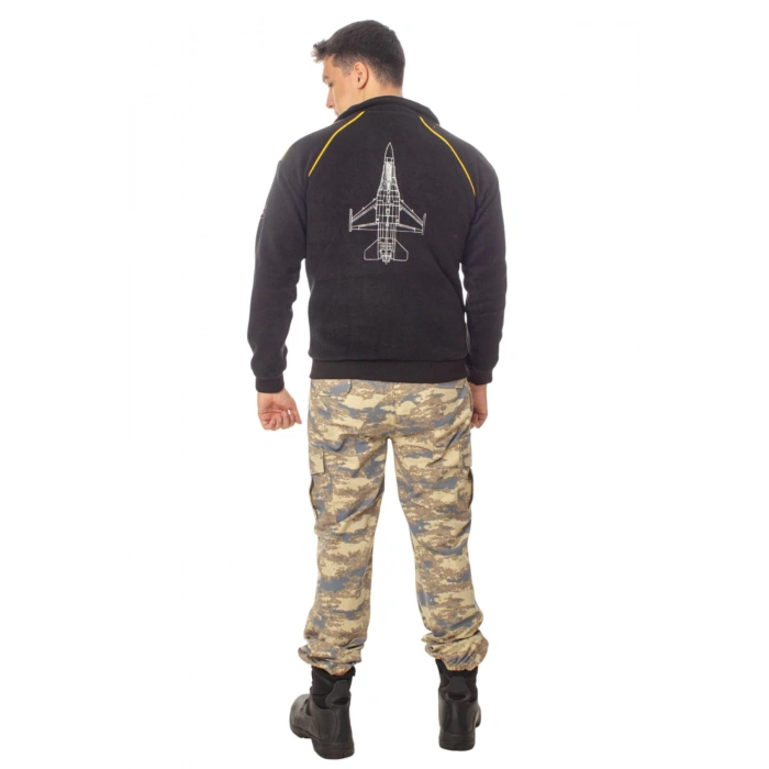 Hava Kuvvetleri F-16 Fighting Falcon Uzun Kollu Siyah Renkli Ozel Tasarim Tam Fermuarli Bato Yaka Soguk Gecirmez Polar Kamuflaj Pantolon Alt Ust Takim