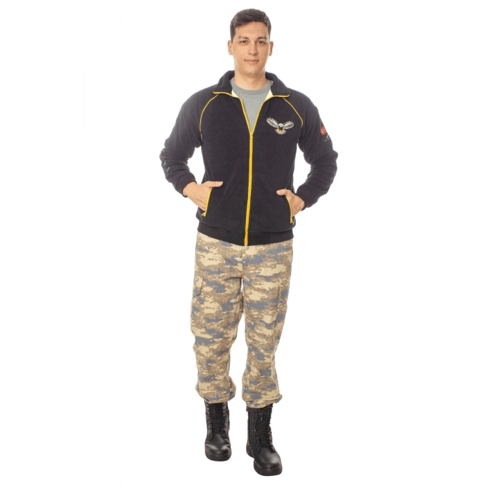 Hava Kuvvetleri F-16 Fighting Falcon Uzun Kollu Siyah Renkli Ozel Tasarim Tam Fermuarli Bato Yaka Soguk Gecirmez Polar Kamuflaj Pantolon Alt Ust Takim