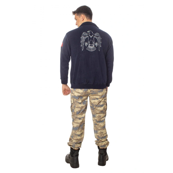 Hava Kuvvetleri Ozel Tasarim Uzun Kollu Lacivert Renkli Tam Fermuarli Kartal Nakisli Bato Yaka Soguk Gecirmez Polar Kamuflaj Pantolon Alt Ust Takim