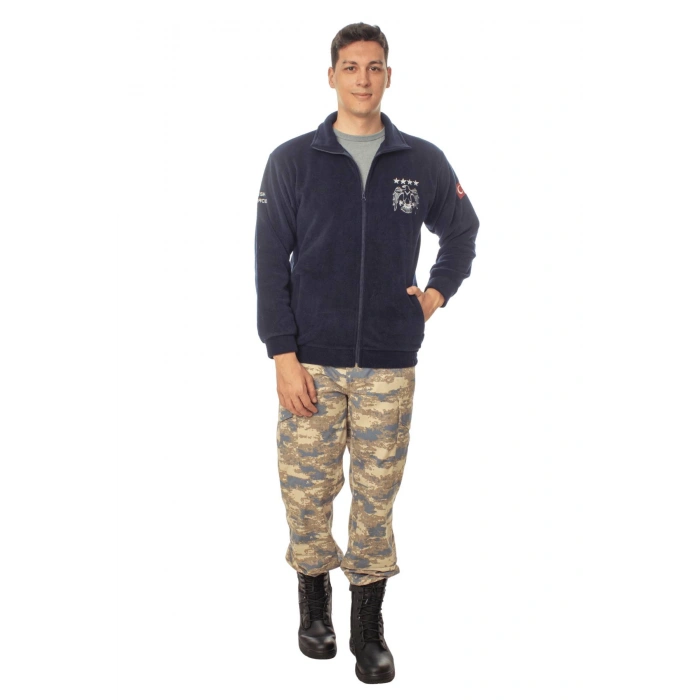 Hava Kuvvetleri Ozel Tasarim Uzun Kollu Lacivert Renkli Tam Fermuarli Kartal Nakisli Bato Yaka Soguk Gecirmez Polar Kamuflaj Pantolon Alt Ust Takim
