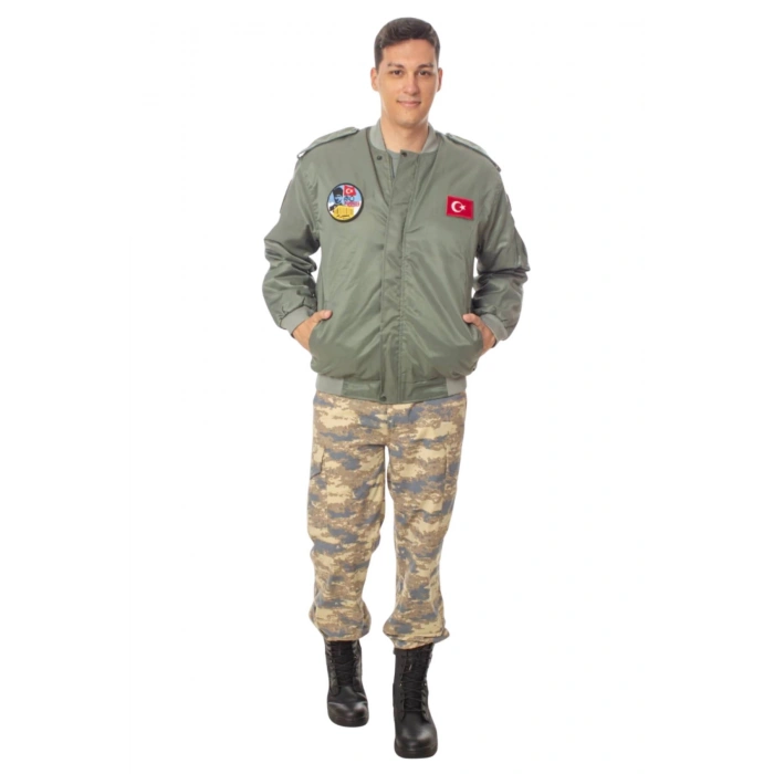 Hava Kuvvetleri Sedef Yesili Renkli 4 Cepli Uzun Kollu Fermuarli Citcitli ic Cepli Orjinal Pilot Mont Ceket Kamuflaj Pantolon Alt Ust Takim