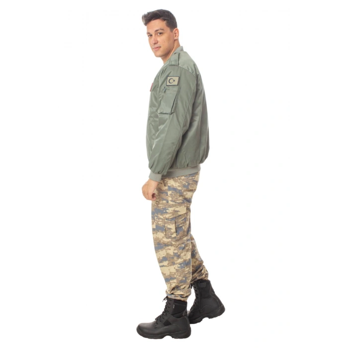 Hava Kuvvetleri Sedef Yesili Renkli 4 Cepli Uzun Kollu Fermuarli Citcitli ic Cepli Orjinal Pilot Mont Ceket Kamuflaj Pantolon Alt Ust Takim