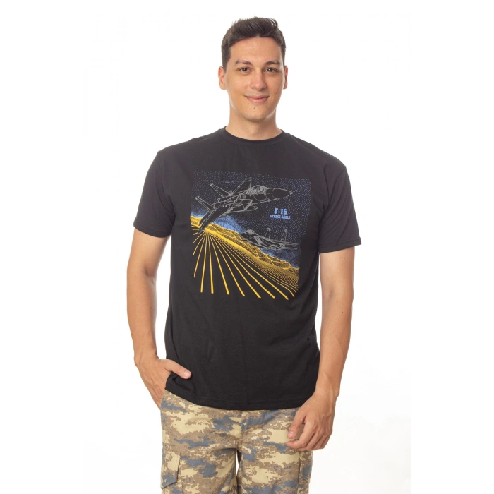 hava kuvvetleri siyah renkli kisa kollu yuvarlak yaka pamuklu f 15 strike eagle tisort