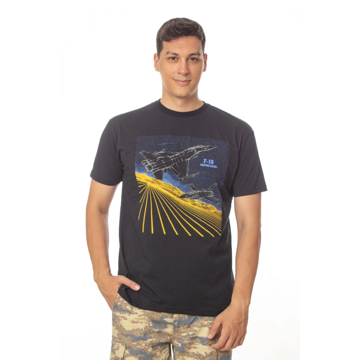 hava kuvvetleri siyah renkli kisa kollu yuvarlak yaka pamuklu f 16 fighting falcon tisort