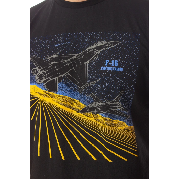 hava kuvvetleri siyah renkli kisa kollu yuvarlak yaka pamuklu f 16 fighting falcon tisort