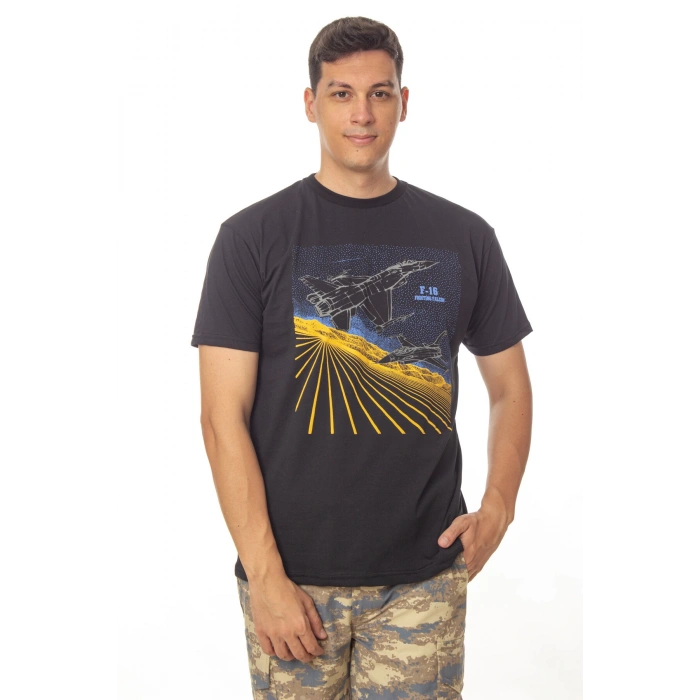 hava kuvvetleri siyah renkli kisa kollu yuvarlak yaka pamuklu f 16 fighting falcon tisort