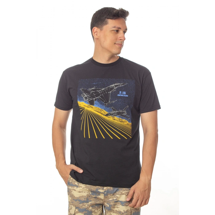 hava kuvvetleri siyah renkli kisa kollu yuvarlak yaka pamuklu f 16 fighting falcon tisort