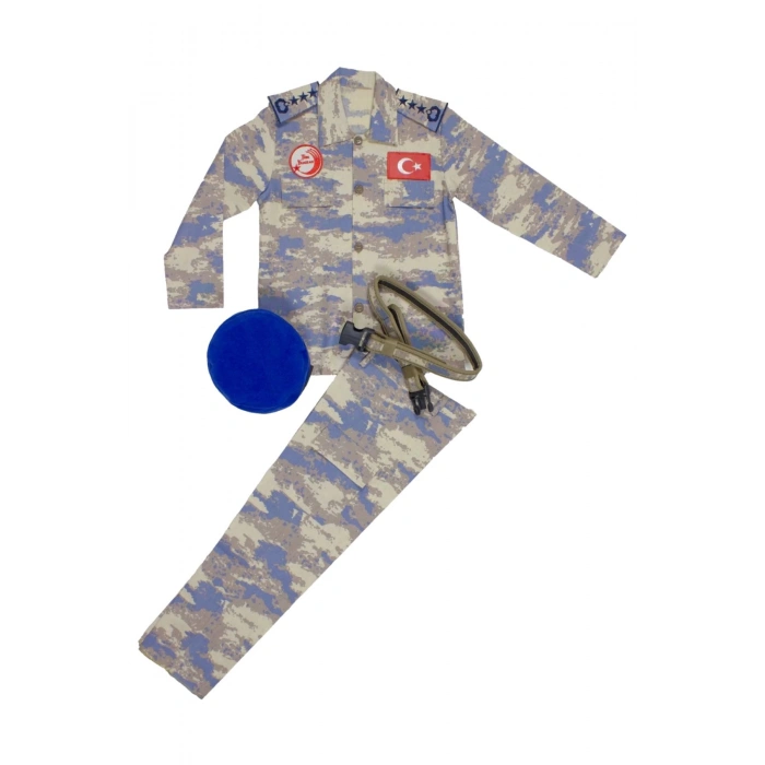 Hava Kuvvetleri Yeni Kamuflaj Renkli Uzun Kollu Mavi Bereli Palaskali Havaci Albay Cocuk Kostum Takimi