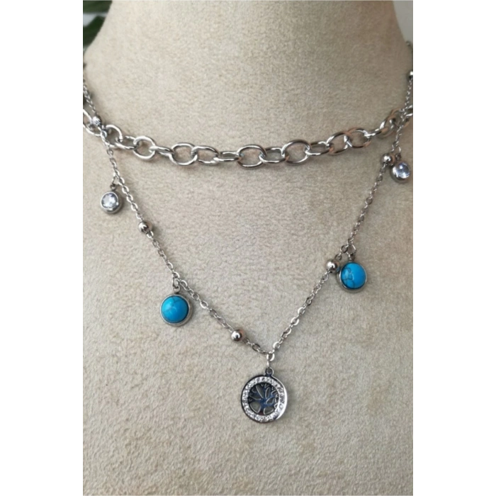 hayat agaci orme kalin cift zincirli tasarim gumus renkli zirkon turkuaz tasli kaliteli paslanmaz celik kolye stainless stell
