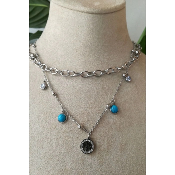 hayat agaci orme kalin cift zincirli tasarim gumus renkli zirkon turkuaz tasli kaliteli paslanmaz celik kolye stainless stell