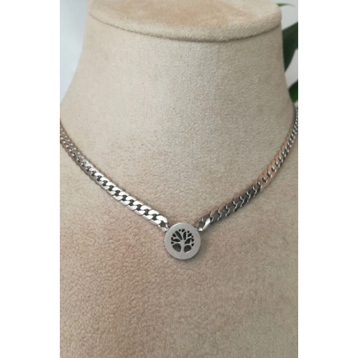 hayat agaci orme kalin zincirli tasarim gumus renkli zirkon tasli kaliteli paslanmaz celik kolye stainless stell