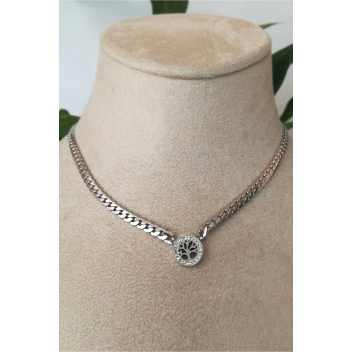 hayat agaci orme kalin zincirli tasarim gumus renkli zirkon tasli kaliteli paslanmaz celik kolye stainless stell