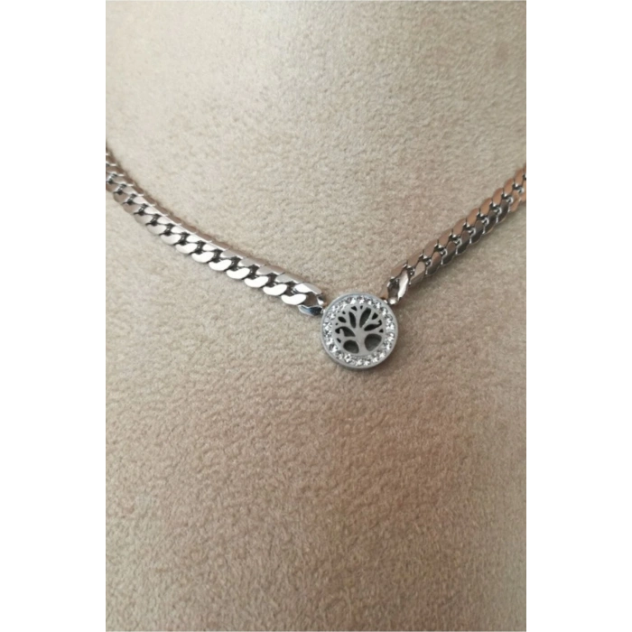 hayat agaci orme kalin zincirli tasarim gumus renkli zirkon tasli kaliteli paslanmaz celik kolye stainless stell