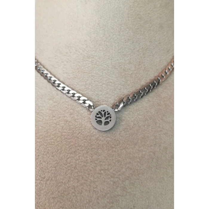 hayat agaci orme kalin zincirli tasarim gumus renkli zirkon tasli kaliteli paslanmaz celik kolye stainless stell