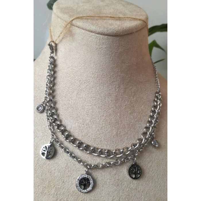 hayat agaci orme tasarim kalin cift silver zincirli gumus renkli zirkon tasli kaliteli paslanmaz celik bileklik halhal stainless stell