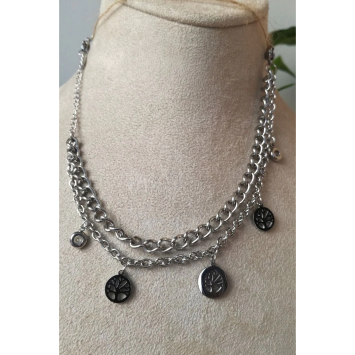 hayat agaci orme tasarim kalin cift silver zincirli gumus renkli zirkon tasli kaliteli paslanmaz celik bileklik halhal stainless stell