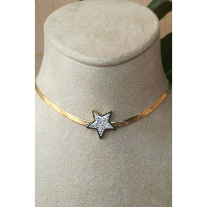 italyan zincirli yildiz tasarim ince gold altin renkli zirkon tasli kaliteli paslanmaz celik kolye stainless stell